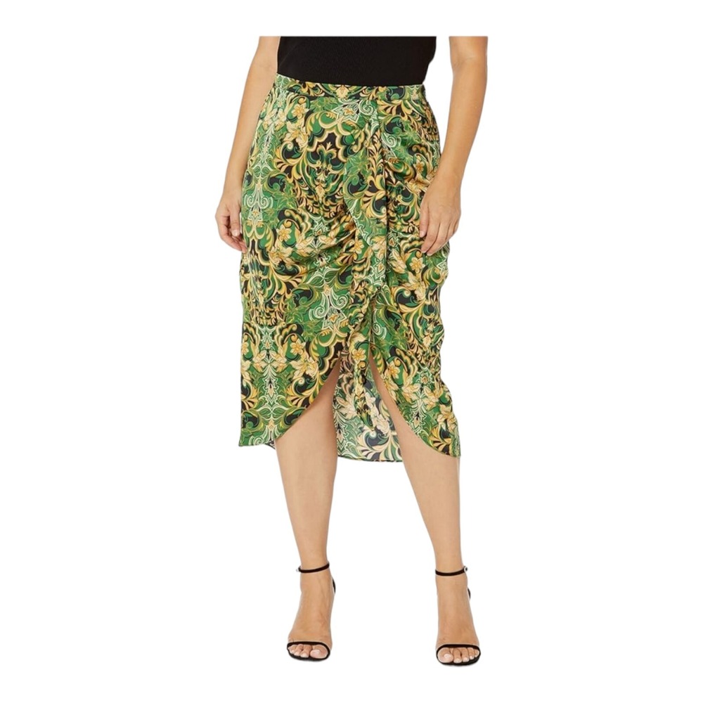 City Chic Plus‎ 22 Drapey Tulip Faux Wrap Skirt Green-Golden Tan Asymmetrical